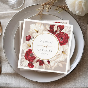 Guardanapo De Papel Casamento floral vermelho-rubi e branco
