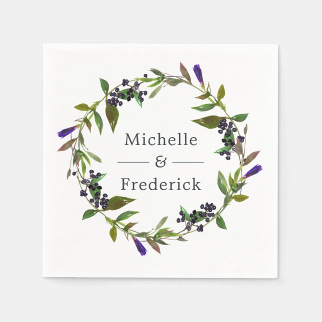Guardanapo De Papel Casamento Floral Violeta e Salvia em Aquarela (Frente)