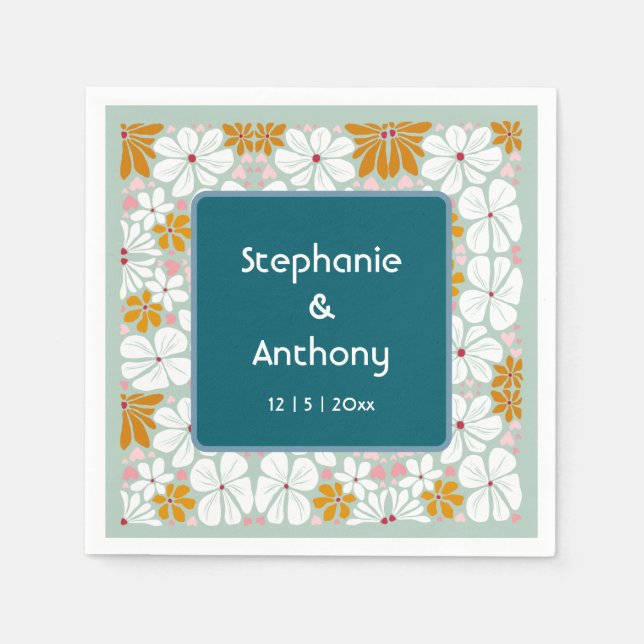 Guardanapo De Papel Casamento Flores Retro Groovy 70s Boho (Frente)