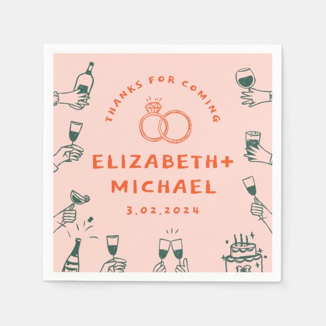 Guardanapo De Papel Casamento Funky Rosa Vermelho desenhado à mão (Frente)