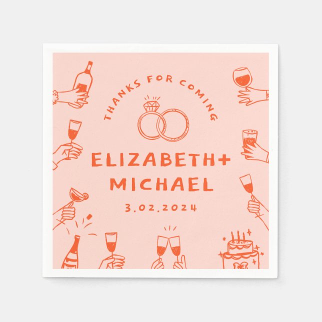 Guardanapo De Papel Casamento Funky Rosa Vermelho desenhado à mão (Frente)