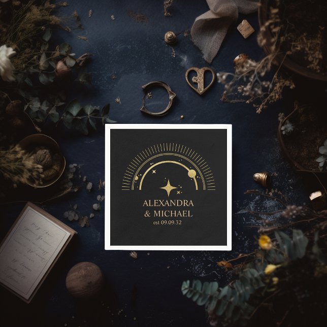 Guardanapo De Papel Casamento Galáxia Celestial Ouro Preto Místico (Criador carregado)