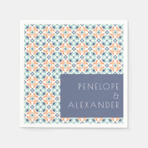 Guardanapo De Papel Casamento Geométrico Azul e Laranja na Vintage Pe