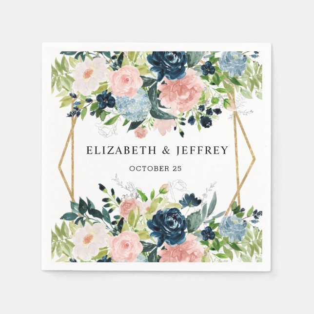 Guardanapo De Papel Casamento Geométrico Floral Dourado Blush Marinho  (Frente)