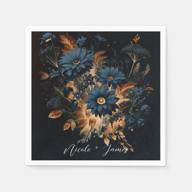 Guardanapo De Papel Casamento Glam Rústico Azul Escuro e Dourado Boho  (Frente)