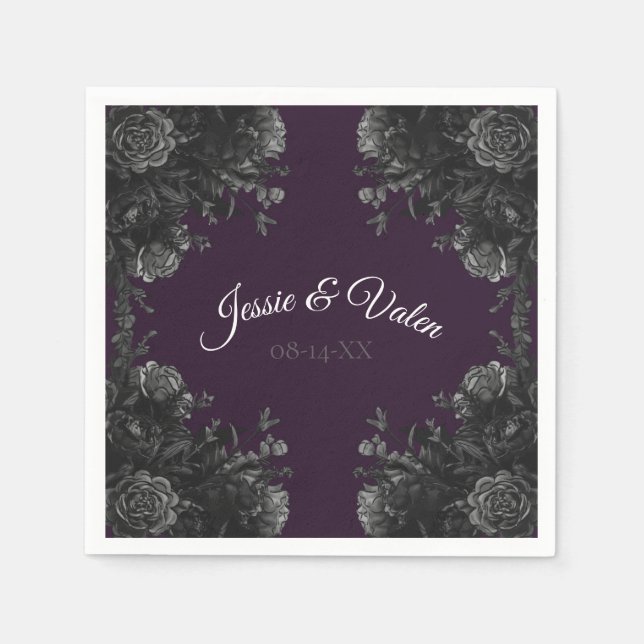 Guardanapo De Papel Casamento Gótico de Rosas Cinzas Negras Roxas (Frente)