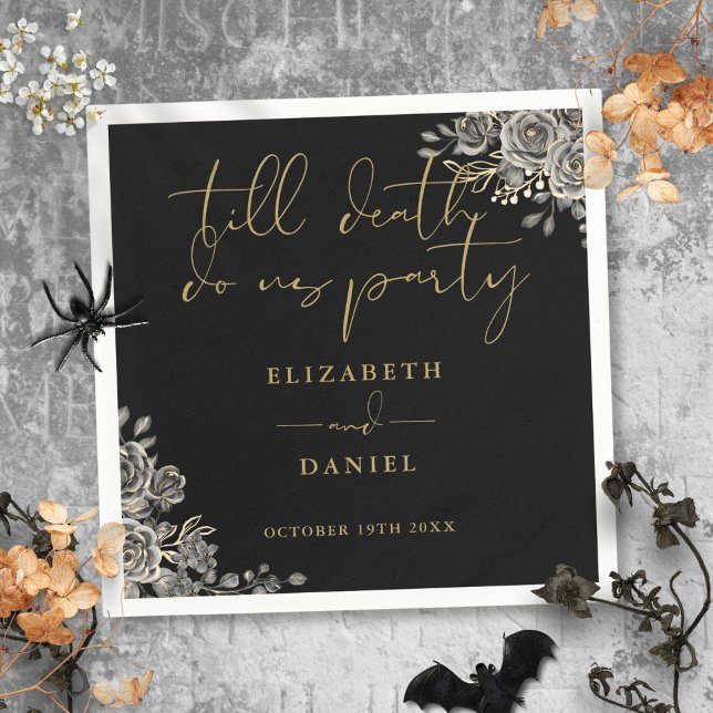Guardanapo De Papel Casamento Gótico Floral De Rosas Pretos E Dourados (Black And Gold Roses Floral Gothic Wedding Napkins)