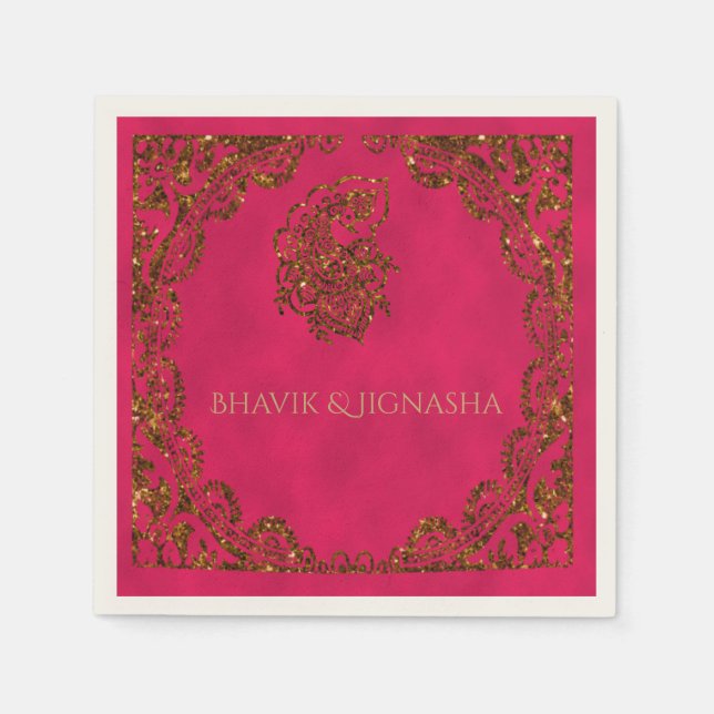 Guardanapo De Papel Casamento Índio Rosa e Dourado Pavão Napkin (Frente)