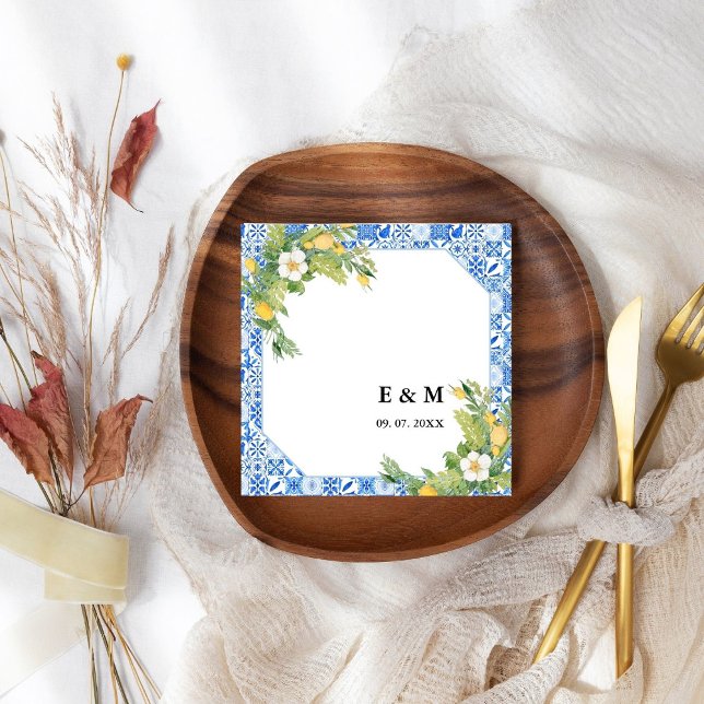 Guardanapo De Papel Casamento limão boho Mediterrâneo azul (Criador carregado)