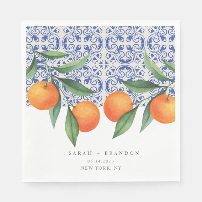 Guardanapo De Papel Casamento Mediterrâneo azulejo Azul Laranja Laranj (Frente)