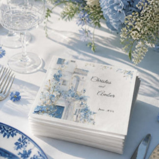 Guardanapo De Papel Casamento Mediterrâneo Costeiro Floral Azul Elegan