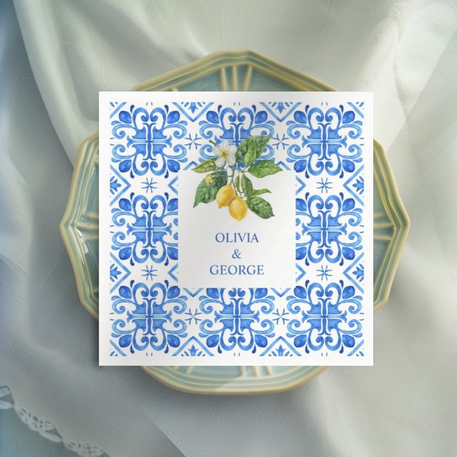 Guardanapo De Papel Casamento mediterrânico de azulejos azuis e limões (Criador carregado)