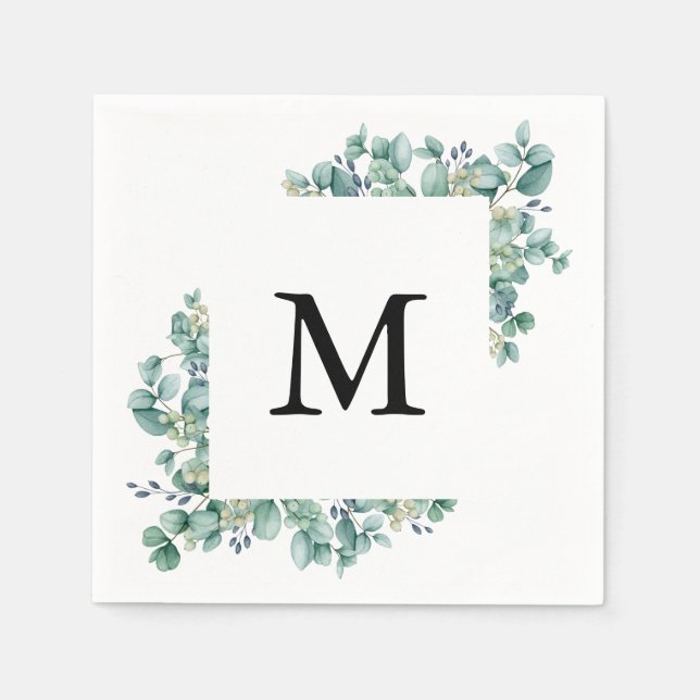 Guardanapo De Papel Casamento Mínimo de Eucalyptus Green Leaf Monogram (Frente)