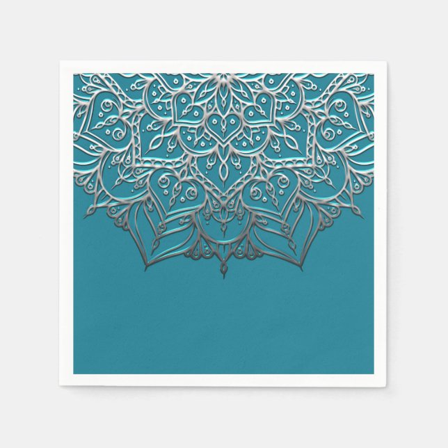 Guardanapo De Papel Casamento Mínimo Elegante do Teal & Silver Mandala (Frente)
