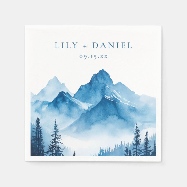Guardanapo De Papel Casamento Moderno Boho Montanhas Aquarela Azul (Frente)