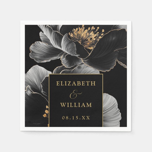 Guardanapo De Papel Casamento Moderno Do Elegante Floral Negro E Doura (Frente)