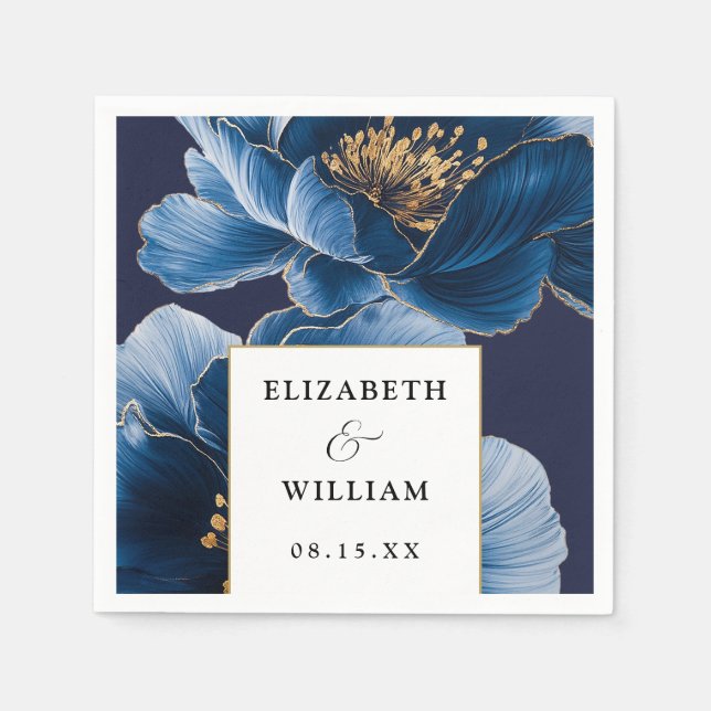 Guardanapo De Papel Casamento Moderno Elegante em Azul Marinho e Doura (Frente)