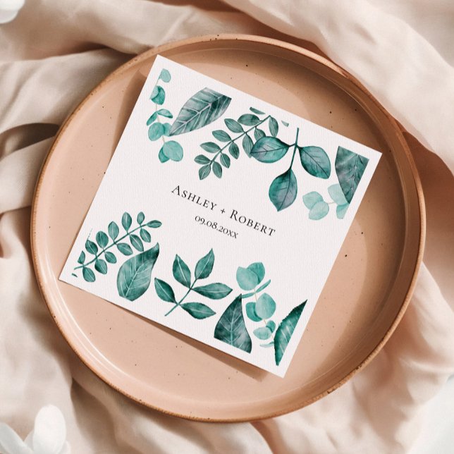 Guardanapo De Papel Casamento Moderno Elegante Teal Greenery Watercolo (Criador carregado)