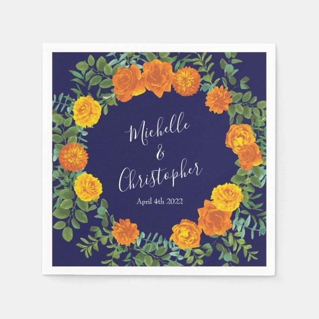 Guardanapo De Papel Casamento Moderno Floral Rosa Azul e Laranja (Frente)