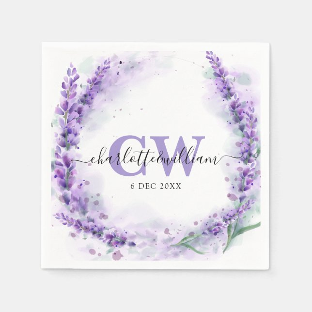 Guardanapo De Papel Casamento Monograma Aquarela Elegante Lavanda (Frente)