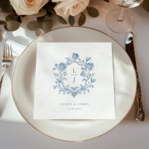 Casamento Monograma com Brasão Floral Azul Elegant