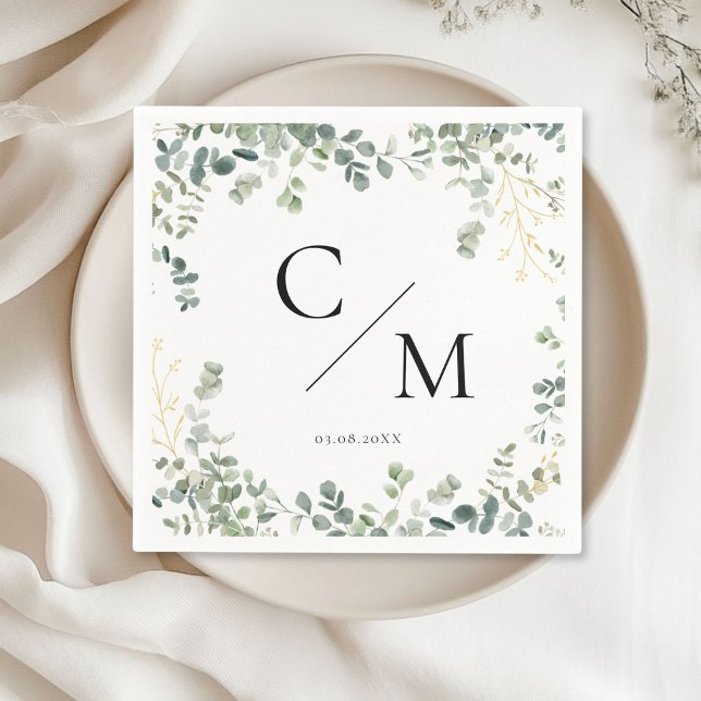 Guardanapo De Papel Casamento Monograma Eucalyptus (Monogram Eucalyptus Wedding Napkinswith your name and date.)