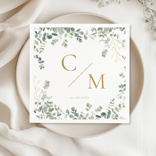 Guardanapo De Papel Casamento Monograma Eucalyptus (Monogram Eucalyptus Wedding Napkinswith your name and date.)