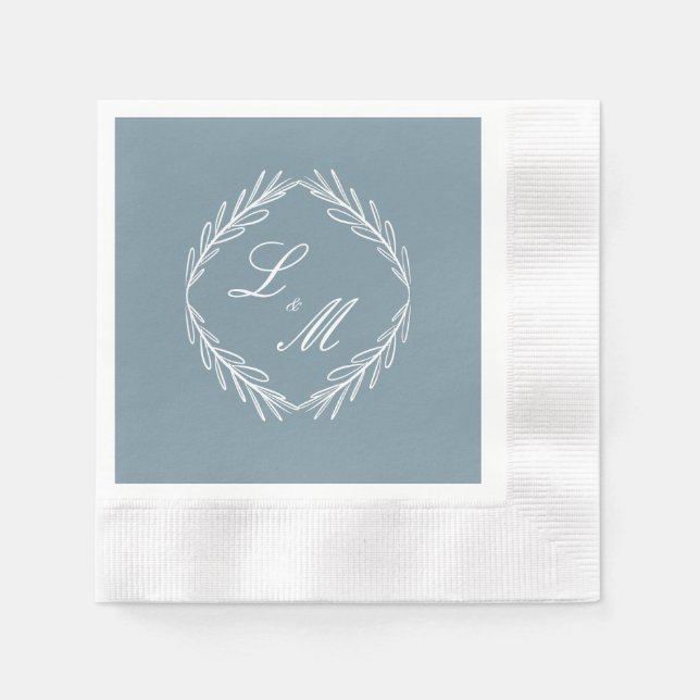 Guardanapo De Papel Casamento Monograma Ramo Script Azul Poeirento (Frente)