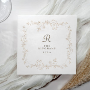 Guardanapo De Papel Casamento Monograma Vitoriano Bege Floral Francês