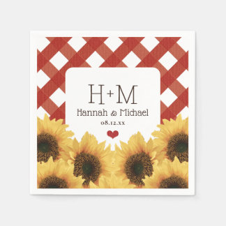 Guardanapo De Papel Casamento Monogrammed Sunflower e Red Gingham