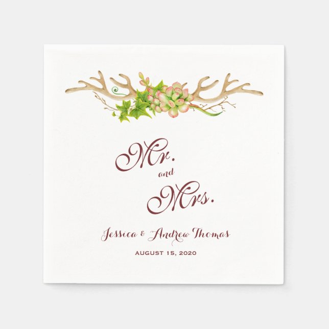 Guardanapo De Papel Casamento na moda Rustic Antlers & Wildflower (Frente)