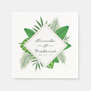Guardanapo De Papel Casamento na Praia com Folhas Tropicais em Aquarel