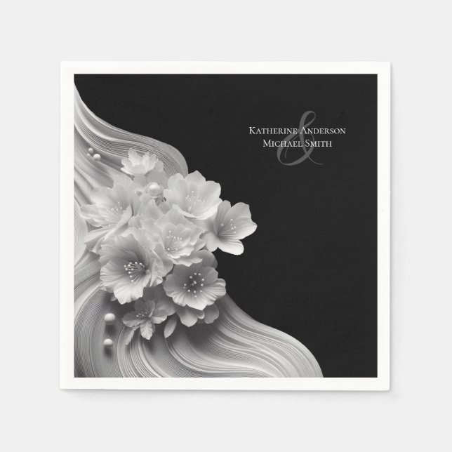 Guardanapo De Papel Casamento Negro e Branco Floral Moderno (Frente)