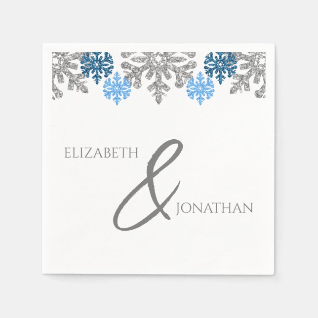 Guardanapo De Papel Casamento no inverno Silver Blue Snowflakes (Frente)