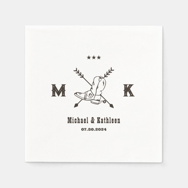 Guardanapo De Papel Casamento no País do Boots Monogramas Boho Ocident (Frente)