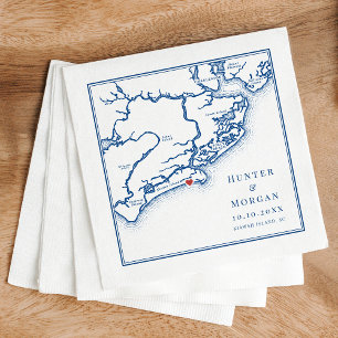 Guardanapo De Papel Casamento Ocean Course Kiawah Island SC Mapa Azul