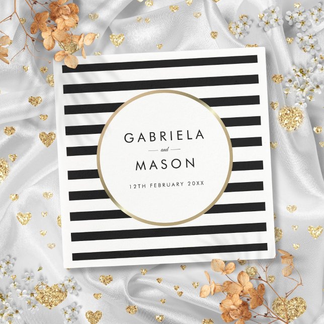 Guardanapo De Papel Casamento Ouro Chic com Listras Pretas e Brancas (Black and White Stripe Chic Gold Wedding Napkins)