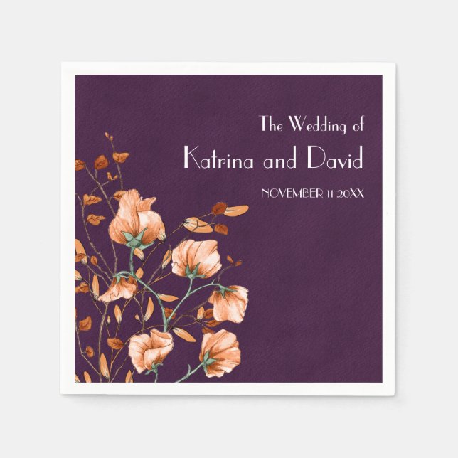 Guardanapo De Papel Casamento outono Floral Laranja Simples, Queimado (Frente)