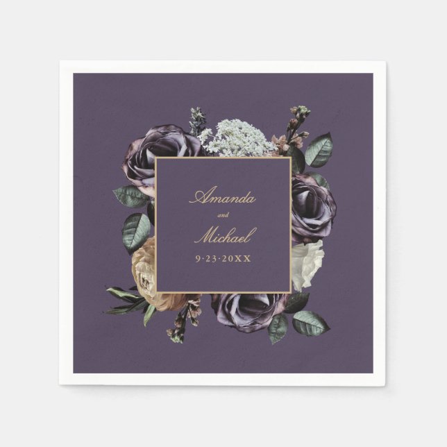 Guardanapo De Papel Casamento outono Floral Roxo Escuro Elegante (Frente)