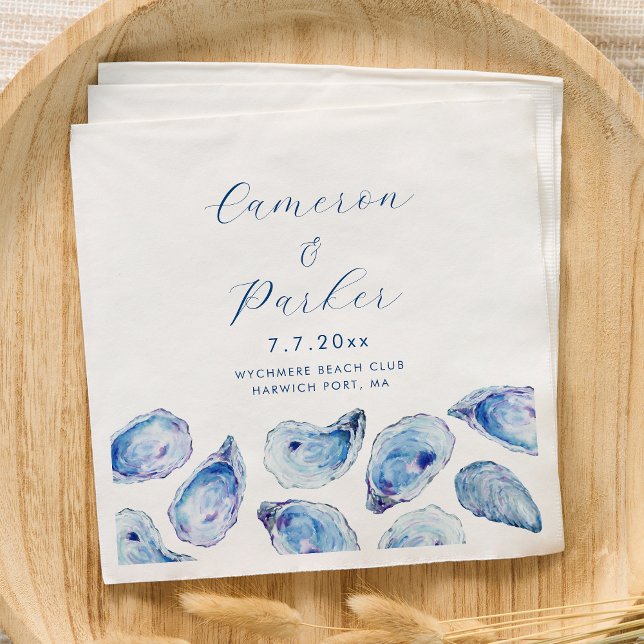 Guardanapo De Papel Casamento Oyster Blue Watercolor (Personalized Oyster Wedding Napkins for an elegant blue coastal wedding from Concertina Press)