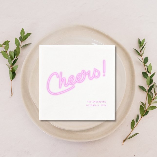 Guardanapo De Papel Casamento Personalizado Cheers Roxo Neon (Neon Purple Cheers Personalized Wedding Napkins)