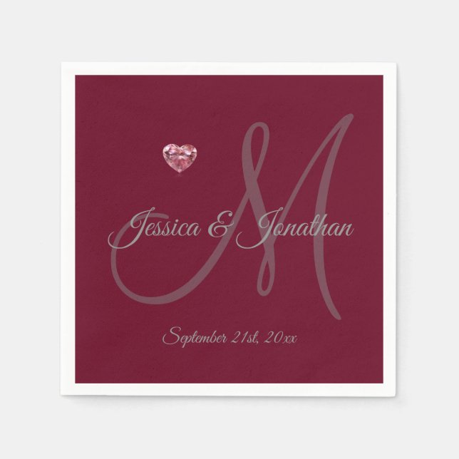Guardanapo De Papel Casamento personalizado de BURGUNDY Heart Monogram (Frente)