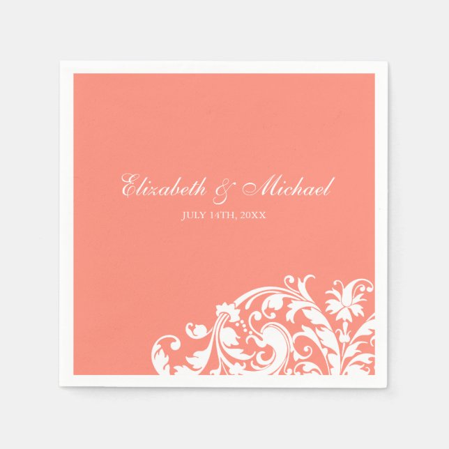 Guardanapo De Papel Casamento Personalizado de Coral White Flourish Sw (Frente)