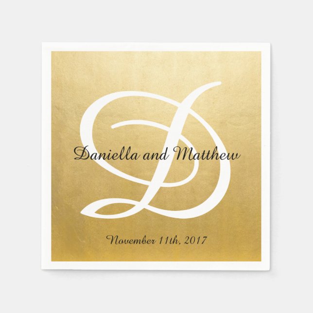 Guardanapo De Papel Casamento Personalizado de Folha de Ouro Monograma (Frente)