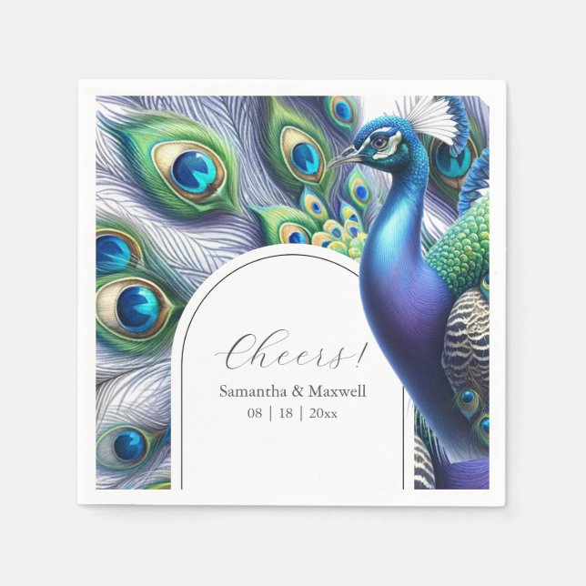 Guardanapo De Papel Casamento Personalizado de Napkins Peacock e Penas (Frente)