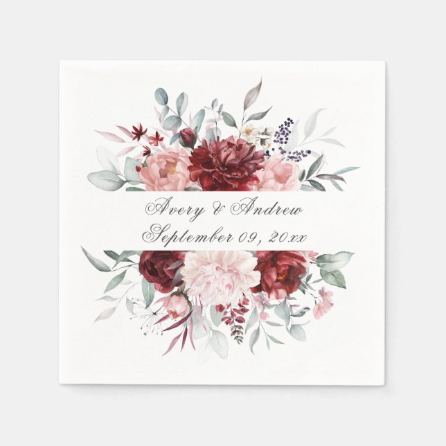 Guardanapo De Papel Casamento Personalizado de Script Rosa Burgundy Na (Frente)