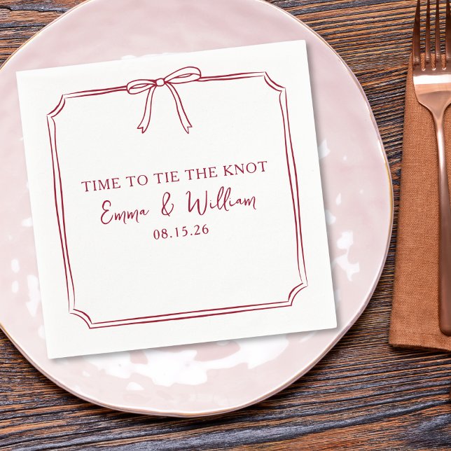 Guardanapo De Papel Casamento Personalizado do Arco Burgundy Maroon "T (Elegant 'Time to Tie the Knot' wedding napkins with a minimalist bow design for a chic special touch)