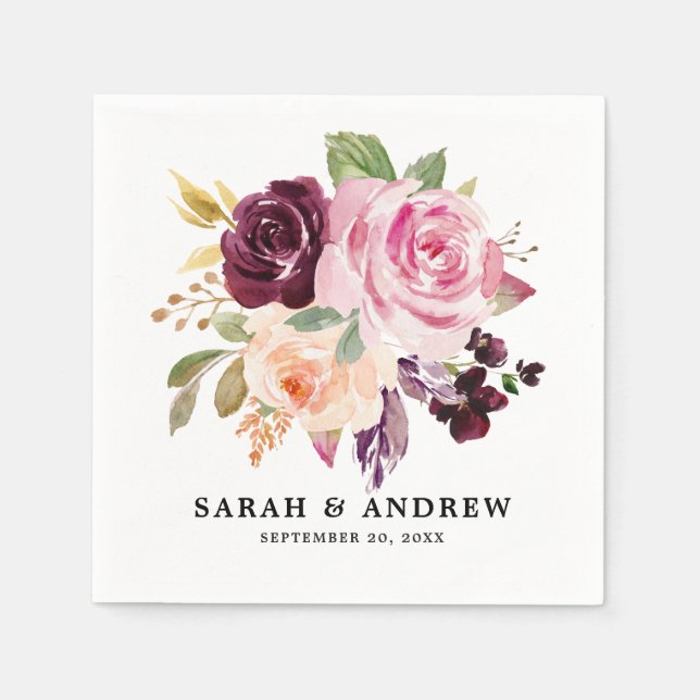 Guardanapo De Papel Casamento Plum Purple Blush Botânico De Cor Rosa (Frente)