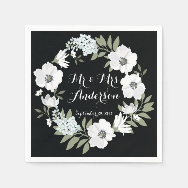 Guardanapo De Papel Casamento Preto Branco Floral Wreath Napkin (Frente)
