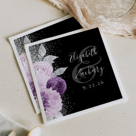 Guardanapo De Papel Casamento Preto com Espelho de Prata Roxo Floral